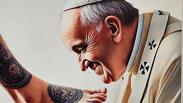 Papst Franziskus bei Fußwaschung (KI-generiert)